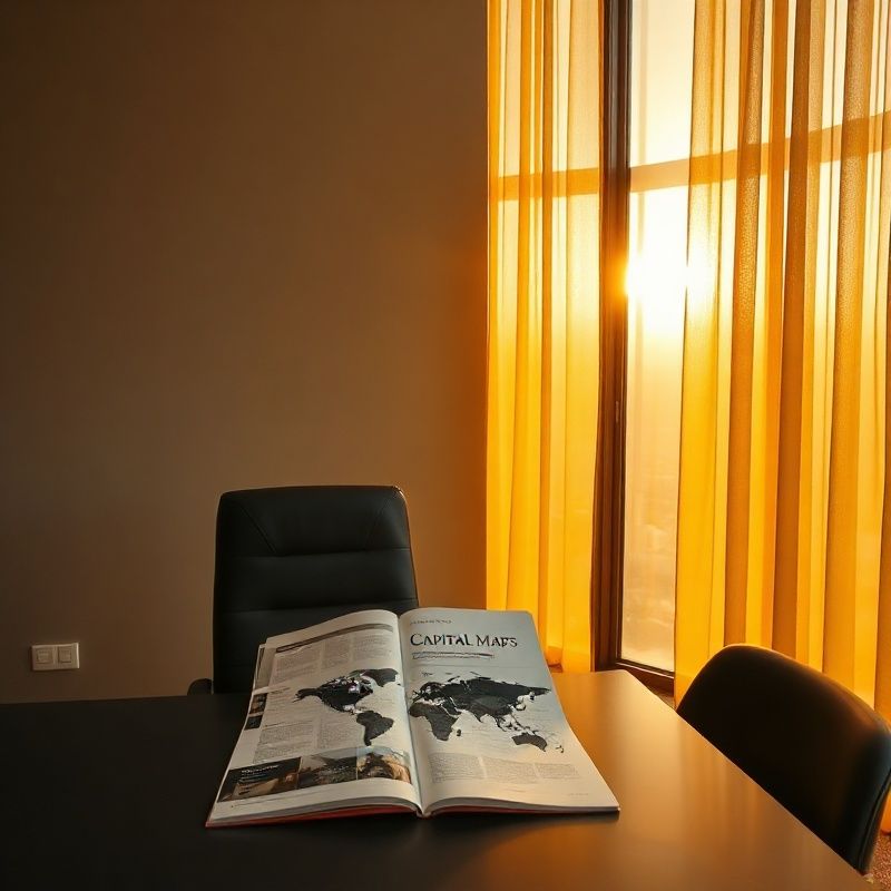 An adviser at a charcoal-toned desk in warm equatorial light reviewing a Capital Map document