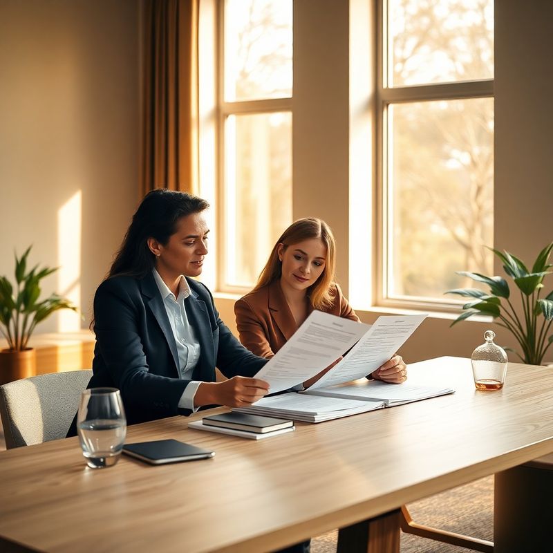 Two professionals reviewing policy documents at a light wooden desk in warm ochre afternoon light