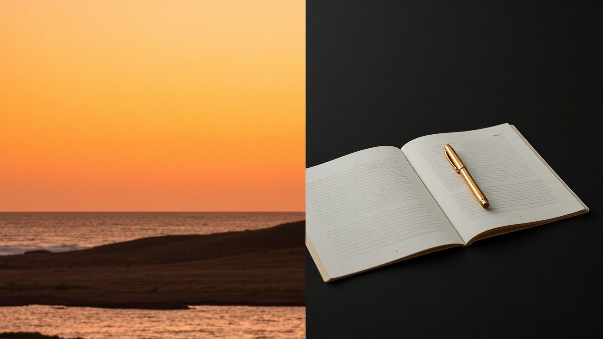 Editorial split-frame image: the Kenyan coastline at golden dusk beside a charcoal desk with a notebook and gold pen