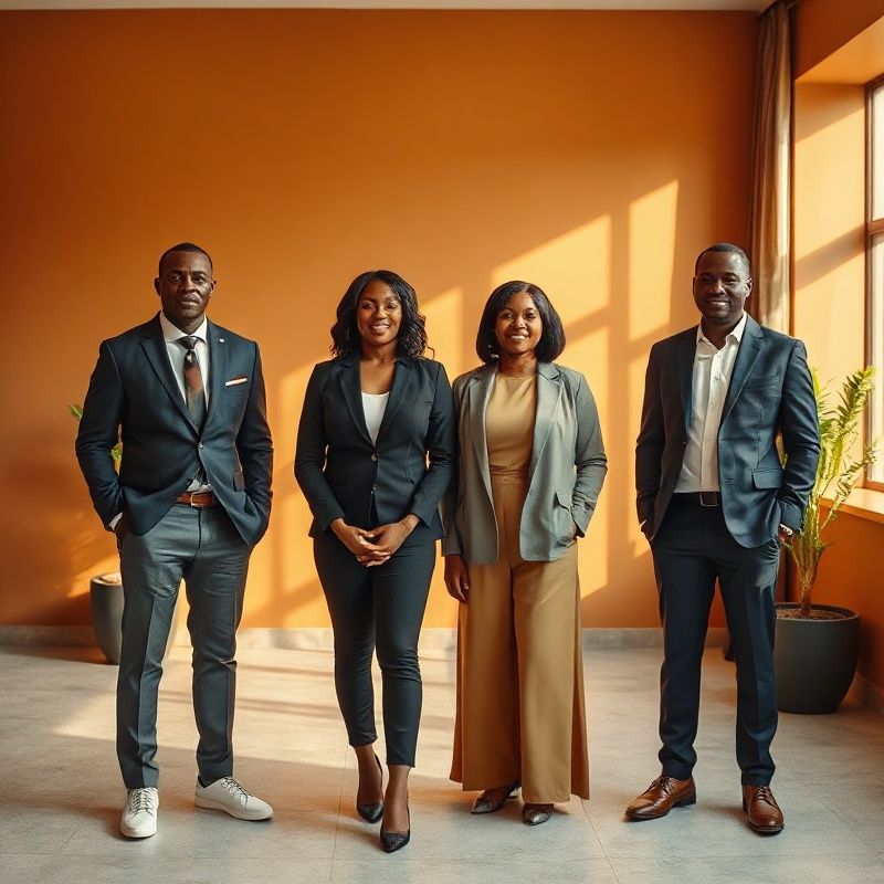 Editorial portrait of a small professional team of four in a bright Malindi office with warm ochre walls and charcoal accents