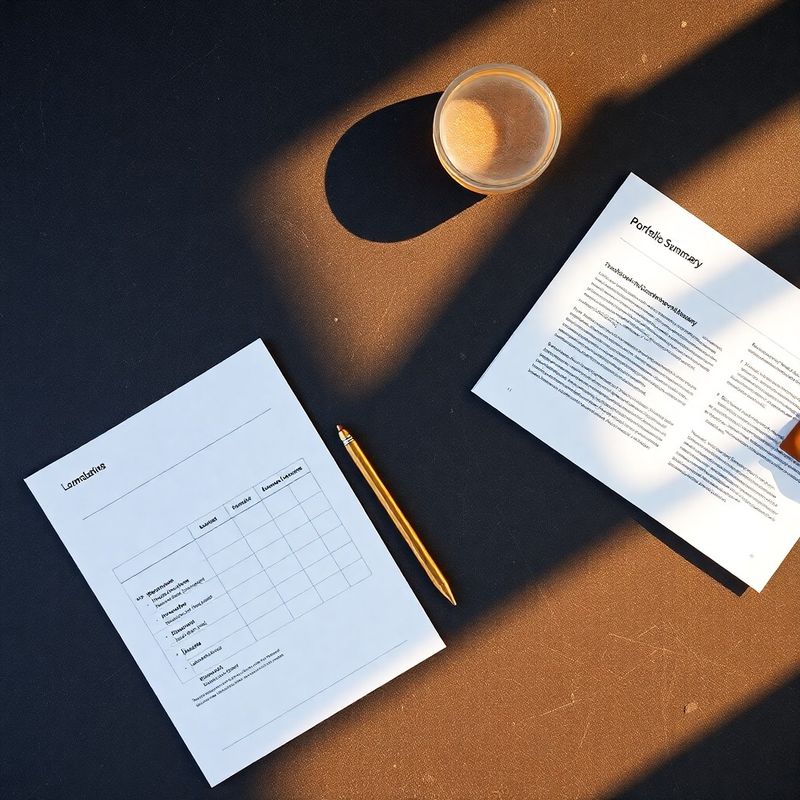 Editorial flat-lay on a charcoal surface with a structured risk matrix document, a gold mechanical pencil and a printed portfolio summary